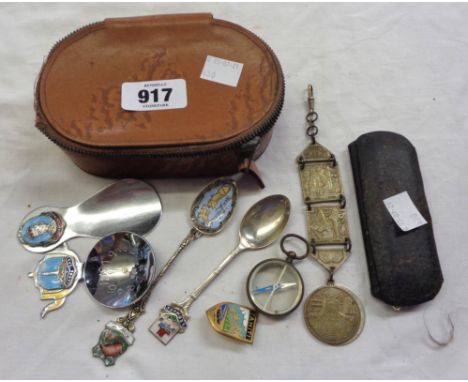 A small leather box containing a quantity of collectable items including fob compass, gold rim spectacles, etc.
