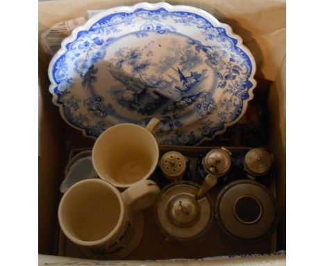 A box containing assorted ceramic items including blue and white plate, cruet set, etc.