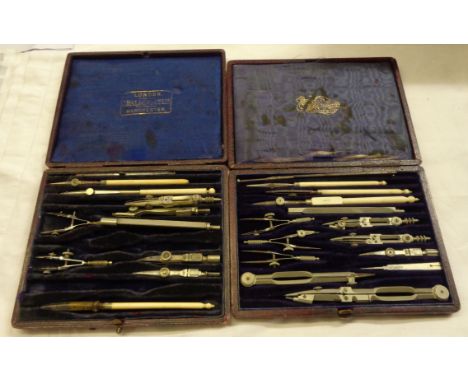 Two vintage drawing sets in original leather cases - one incomplete