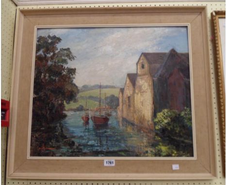 Dorothy Bradshaw: a painted wood and hessian framed vintage oil on board entitled Totnes with vessels on a waterway and water