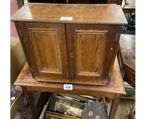 A small wall mounted two door cabinet - sold with a small shelf unit with shaped sides and a side table - various condition