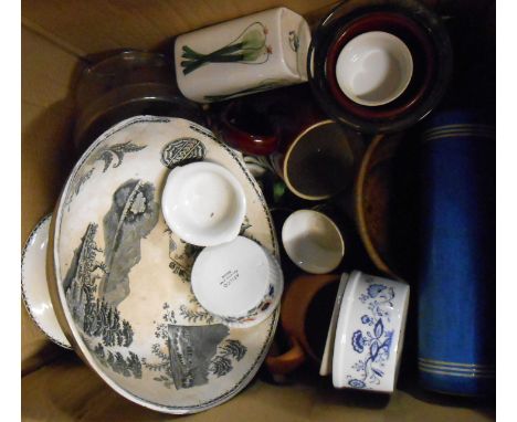 Two boxes containing a quantity of assorted ceramic items including old mortars, studio pottery items, Toni Raymond, etc.