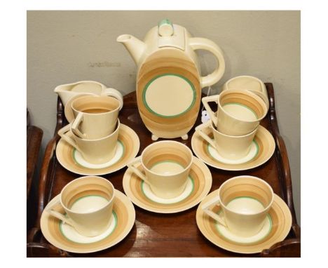 Wilkinson's Art Deco design coffee set comprising: Bonjour shaped teapot, cream jug and sugar basin, together with seven coni