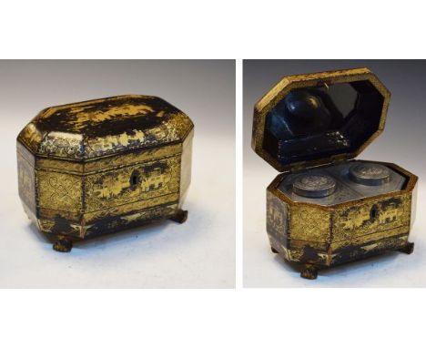19th Century Chinese lacquered tea caddy having typical gilded decoration on a black ground and on carved paw feet, the hinge