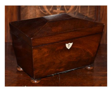 19th Century mahogany sarcophagus tea caddy enclosing two lidded compartments on bun feet, 19.5cm wide   Condition: 