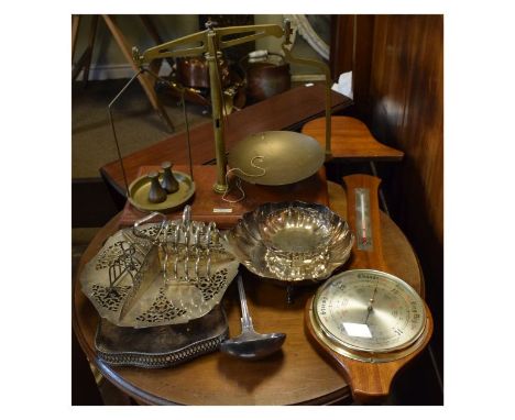 Set of late 19th/early 20th Century brass and mahogany beam scales, May, Roberts &amp; Co Ltd, London together with a baromet