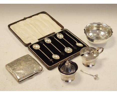 Elizabeth II silver mustard pot and salt, London 1977, George V silver sugar bowl, London 1915, silver cigarette case, etc, c