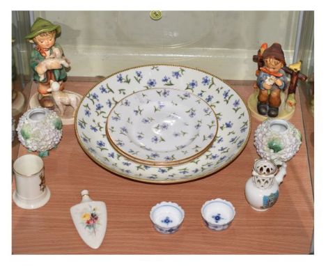 Various ceramics including; two Goebel Hummel figures, two floral encrusted vases, a Royal Worcester scent bottle etc   Condi
