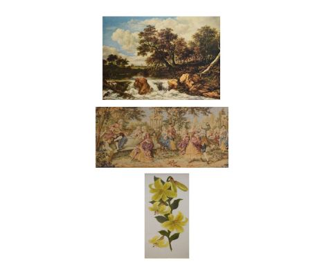 Three framed pictures comprising: print after Jacob van Ruisdael in good gilt frame, 60.5cm x 86.5cm, together with a machine