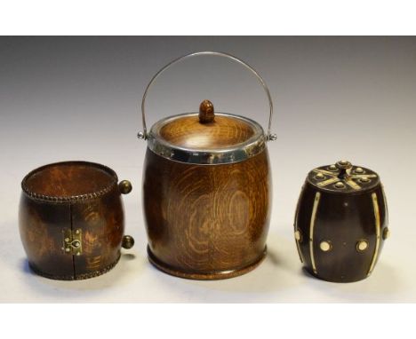 Late 19th Century treen tea caddy having ivory mounts, together with two later barrel-form boxes (3)   Condition: 