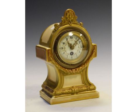 Royal Worcester blush cased mantel clock having gilt and green classical swag decoration, the off-white enamel dial with Roma