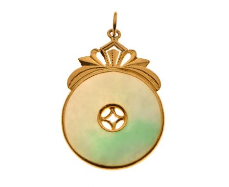 Circular jade mounted pendant in a yellow metal setting, 9.5g approx   Condition: 