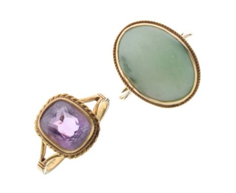 9ct gold dress ring set oval cabochon jade, size P½ and one other 9ct gold dress ring set amethyst coloured stone, the shank 