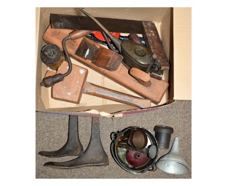 Assorted tools and metalwork to include; smoothing plane, set square, shoe lasts, drill brace, etc   Condition: 