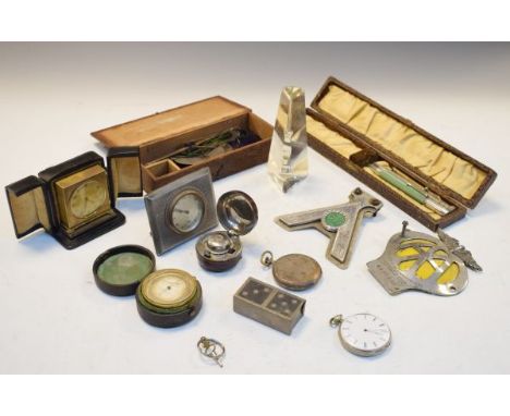 Interesting miscellanea including; clocks, glass obelisk, pocket watches, AA badge, portable scales etc   Condition: 