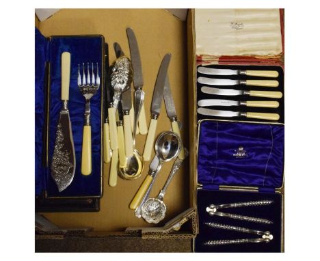 Assorted silver-plated flatware to include; two cased pairs of fish servers, two pairs of nutcrackers in single case etc   Co