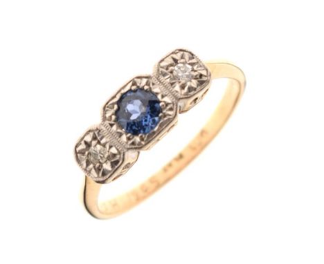 9ct gold dress ring set pale blue emerald cut stone with diamond shoulders, size K, 1.9g approx Condition: