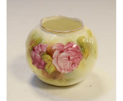 Royal Worcester globular vase painted with roses on an ivory ground and signed by Mickey Miller, base with printed marks, sha