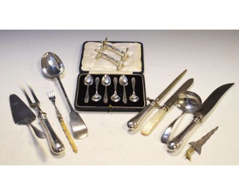 Set of six George V silver coffee spoons, Sheffield 1934, together with a silver plated handled three piece carving set and o