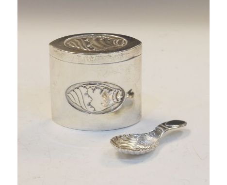 Edward VII silver oval tea caddy having embossed conch shell decoration, Sheffield 1901, together with an Edward VII silver c