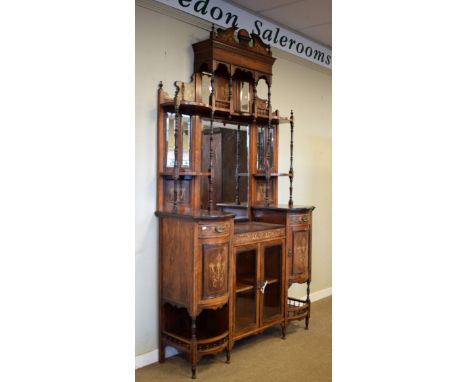 Late Victorian inlaid rosewood salon cabinet, the architectural pediment with foliate scroll inlay over cornucopiae between b