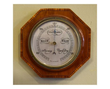 Inlaid and crossbanded mahogany octagonal cased aneroid barometer having a silvered dial   Condition: 