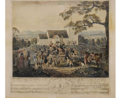 19th Century engraved print 'The Death of Tom Moody - Gone to Earth', with musical score beneath, 21.5cm x 27.5cm, framed and