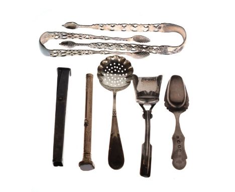 Various silver items including; two pairs of sugar tongs, each with pierced decoration, two caddy spoons etc, combined weight