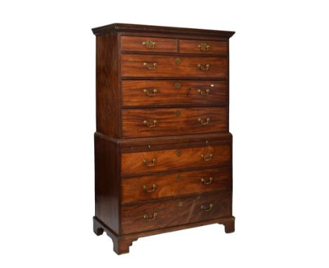19th Century mahogany chest on chest or tallboy in the George III style, with dentil cornice over two short and three graduat