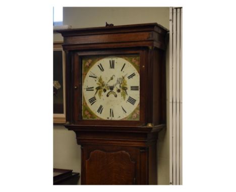 Early 19th Century oak-cased eight day painted dial longcase clock with square Roman dial decorated with peacocks and floral 