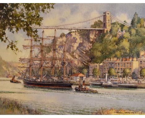 Frank Shipsides - Signed limited edition print - A tall masted sailing ship and boat in the Avon Gorge beneath the Clifton Su