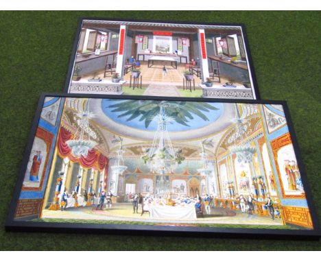 20thC Oriental School. Interior scene, after the Chinese antique, figures taking tea, etc, 61cm x 82cm, and a further print i