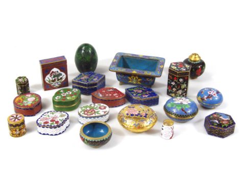 Various 20thC cloisonné enamel miniature boxes, open dish, 9cm wide, egg ornaments, pill boxes etc., mainly Chinese (a quanti