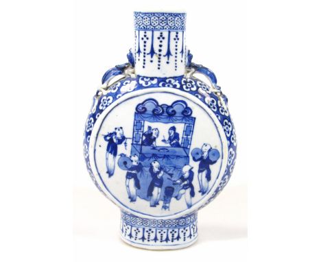 A early 19thC Chinese Qing period blue and white moon flask, of typical outline with dragon handles, cylindrical stem and cir