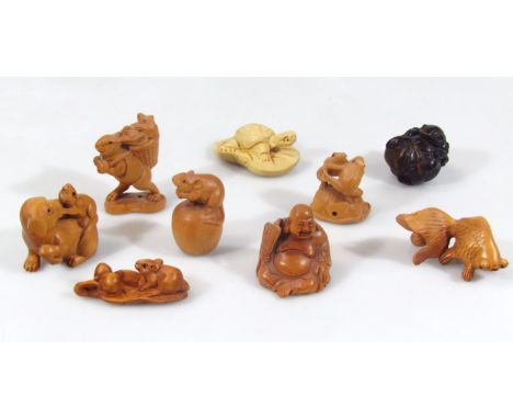 Various resin and other carved and moulded netsuke fish, seated Buddha, 5cm high, etc. (a quantity)