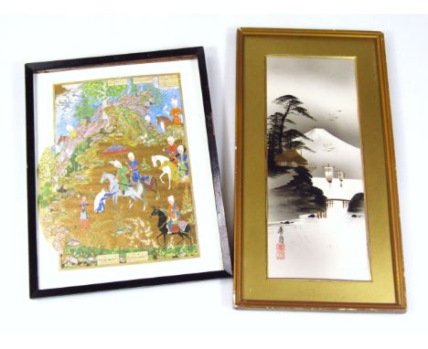 20thC Japanese School. Buildings before Mount Fuji, mixed media signed, 31cm x 12cm and further print figures on horse back b
