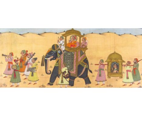19thC Indian School. Figures in procession with elephant and sedan chair, hand touched and material print, possibly silk, uns