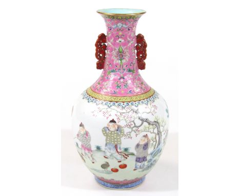 A 20thC Chinese porcelain vase, with trumpet stem and bulbous body, polychrome decorated in enamel colours of pink, yellow an