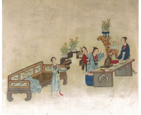 19thC Chinese School. Figures in an interior setting, print on silk, possibly hand finished, unsigned, 25cm x 29cm.