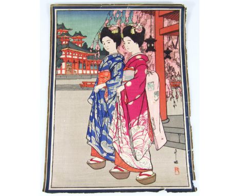 20thC Japanese School. Geisha girls before buildings, rice paper print, possibly hand touched, signed, 36cm x 27cm.