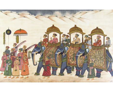 20thC Indian School. Procession of people and elephants in a desert environment, hand touched silk work print, unsigned, 36cm
