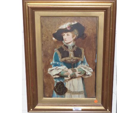 Wilhelm Menzler:  oil on board, three quarter length portrait of a young woman in period costume, signed and dated 1879, 14½"