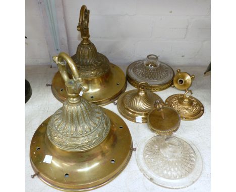 A pair of brass pendant ceiling lights; other light fittings and parts