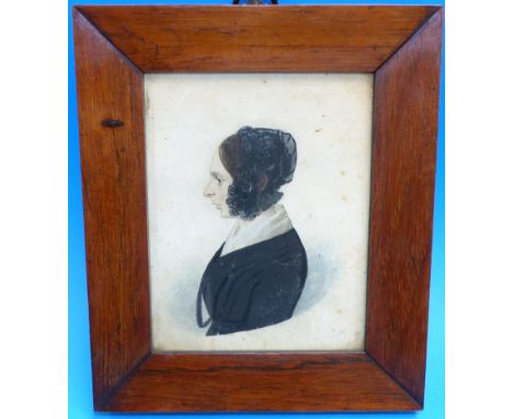 A 19th century miniature portrait on paper of a young woman in black lace cap, rosewood frame, 6½ x 5½ in overall