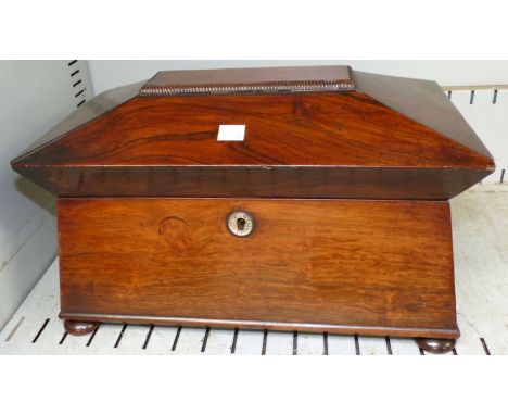 A William IV rosewood sarcophagus tea caddy, fitted interior with 2 boxes and moulded glass bowl, mother-of-pearl key escutch