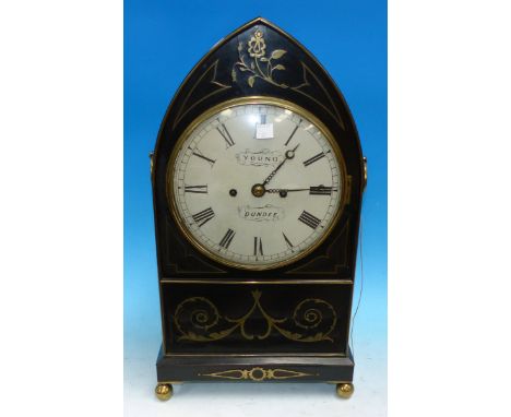 An early 19th century ebonised lancet top bracket clock by Young, Dundee, having brass beading and extensive brass acanthus a