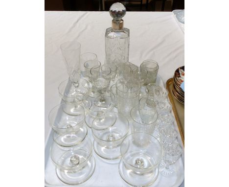 A selection of cut drinking glasses; etc.; a decanter with silver mount