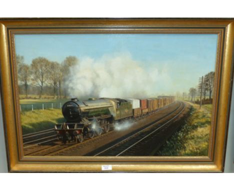 Gerald Broom:  oil on board, British Railways 4:00 PM Scotch Goods Near Hatfield c 1959 with U2 Class 60800 Green Arrow, sign