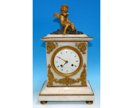 An early 19th century white marble and ormolu architectural mantel clock with cherub finial, ormolu beading and pierced class