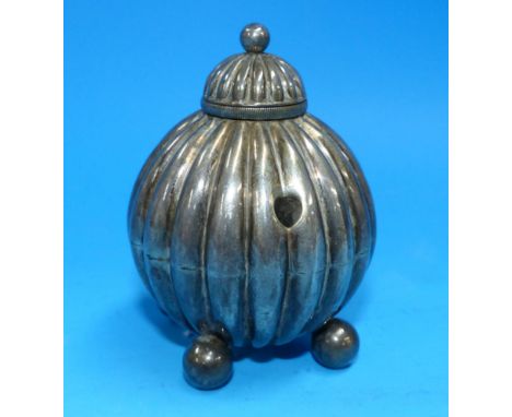 A ribbed spherical table lighter on 4 ball feet, Birmingham 1890 (side taper sticks missing)